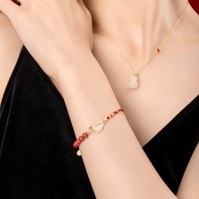 Mythstone 925 Sterling Silver Plated 18K Gold Hetian Jade Ruyi Cat Cinnabar Luck Bracelet Necklace Pendant Set - Image 2
