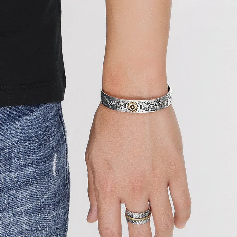 Mythstone Tang Dynasty Flower Design Rose Flower Feather Carved Copper Luck Bracelet Bangle - Image 6