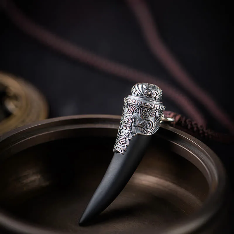 Mythstone 925 Sterling Silver Black Obsidian Wolf Tooth Pattern Strength Necklace Pendant - Image 5