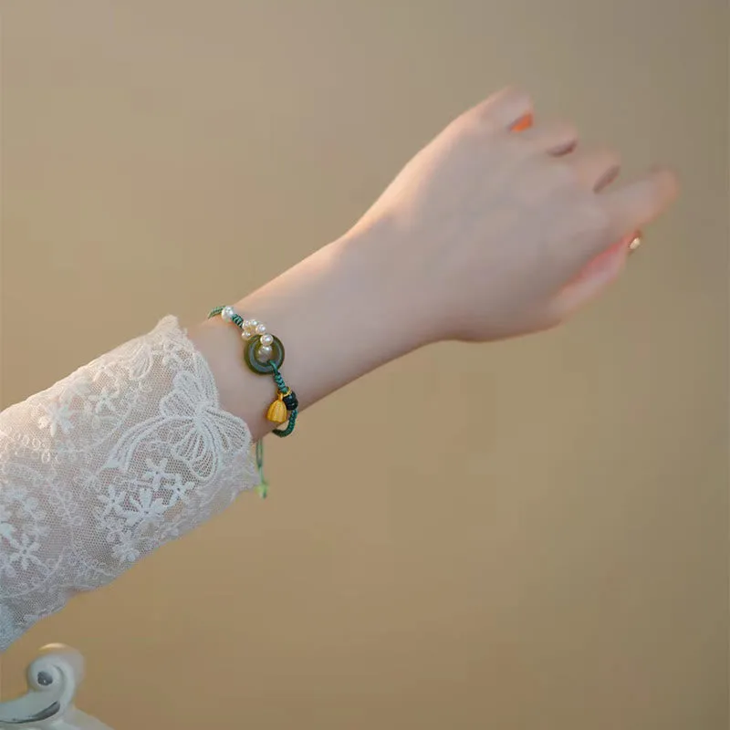 Mythstone Natural Hetian Jade Peace Buckle Pearl Luck Handcrafted Braided Bracelet - Image 4
