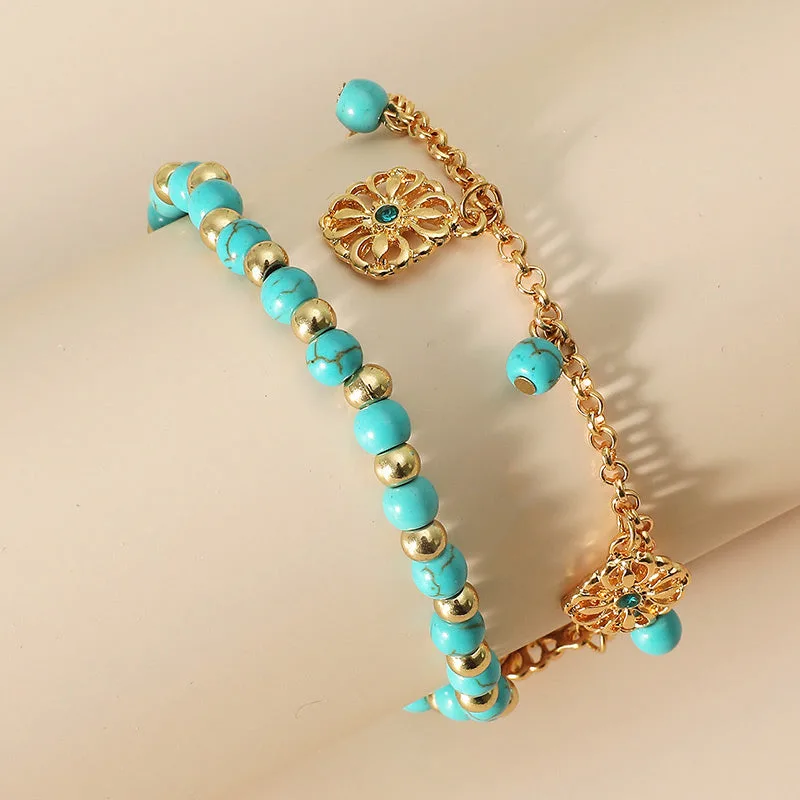 Mythstone 2Pcs Turquoise Stone Flower Protection Bracelet Anklet - Image 5