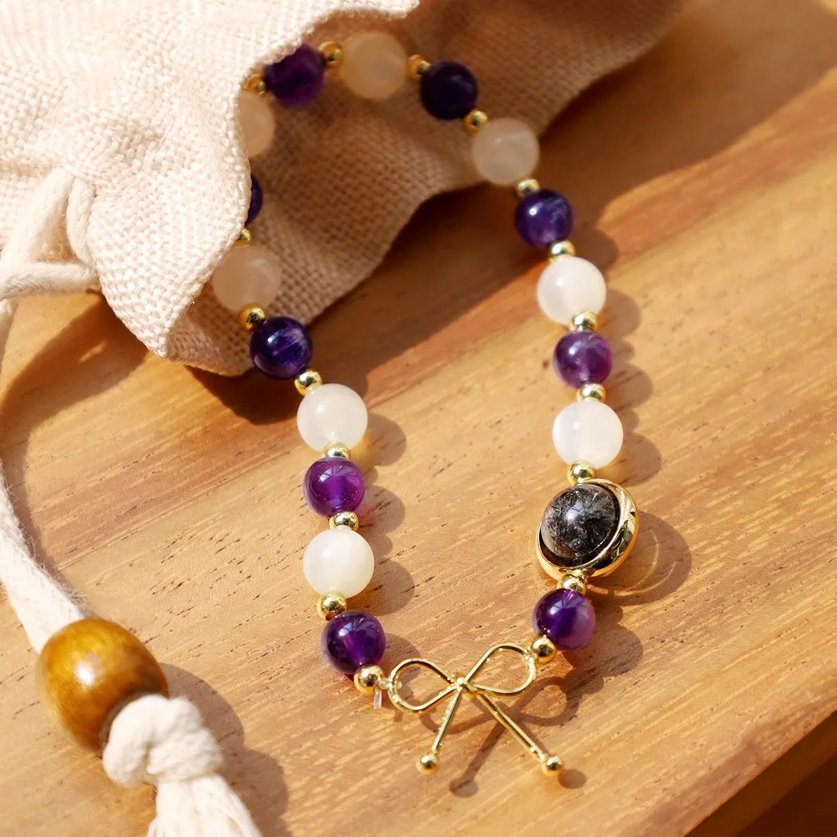 Mythstone Amethyst Cat Eye Black Rutilated Quartz Spiritual Bead Bracelet - Image 3