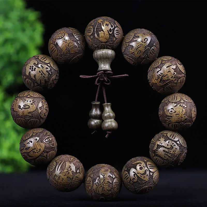 Mythstone Chinese Zodiac Rosewood Ebony Boxwood Copper Coin PiXiu Carved Warmth Bracelet - Image 19