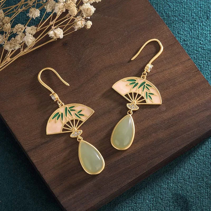 Mythstone Natural Green Aventurine Fan Pattern Luck Drop Earrings - Image 3