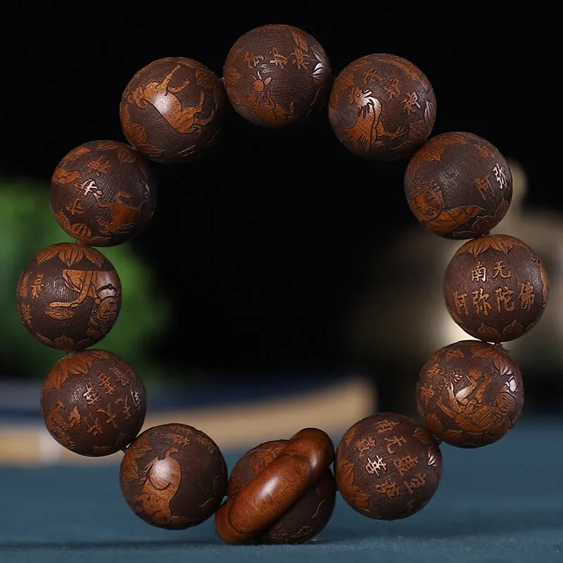 Mythstone Chinese Zodiac Rosewood Green Sandalwood Ebony Wood Copper Coin Carved Calm Bracelet - Image 4