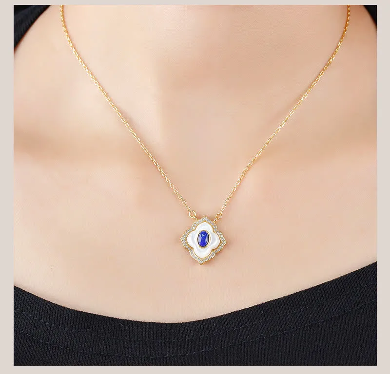 Mythstone 925 Sterling Silver Tridacna Stone Lazurite Prismatic Design Blessing Earrings Necklace Pendant Jewelry Set - Image 5