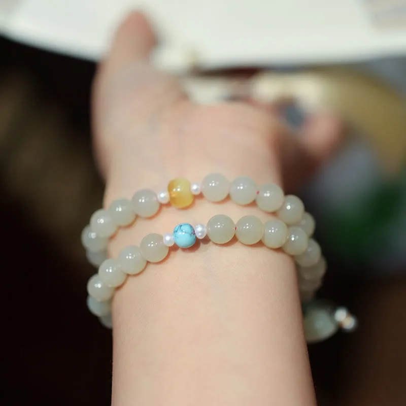 Mythstone 925 Sterling Silver Hetian Jade Double Peace Buckle Lotus Luck Double Wrap Bracelet - Image 3