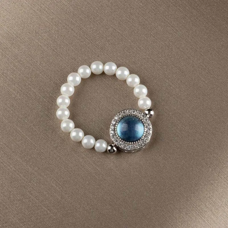 Mythstone 925 Sterling Silver Pearl Blue Chalcedony Healing Chain Bracelet Ring - Image 7