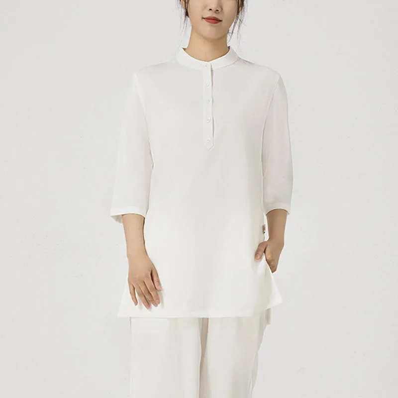 Mythstone 2Pcs Buttons Three Quarter Sleeve Shirt Top Pants Meditation Zen Tai Chi Cotton Linen Clothing Women's Set - Image 2