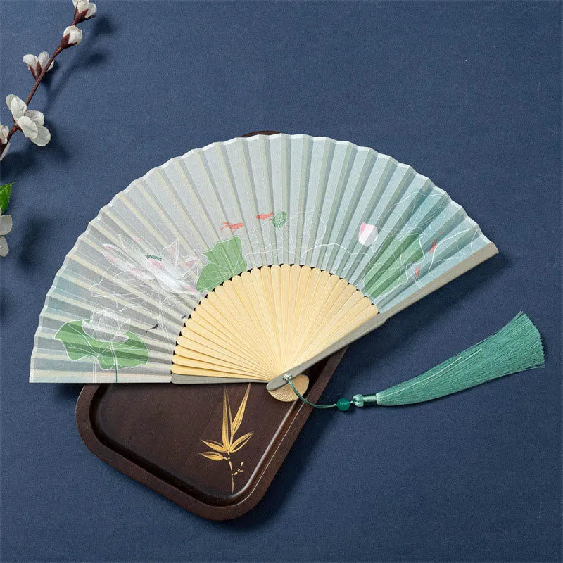 Mythstone Lotus Begonia Flower Jasmine Handheld Bamboo Folding Fan 21cm - Image 5