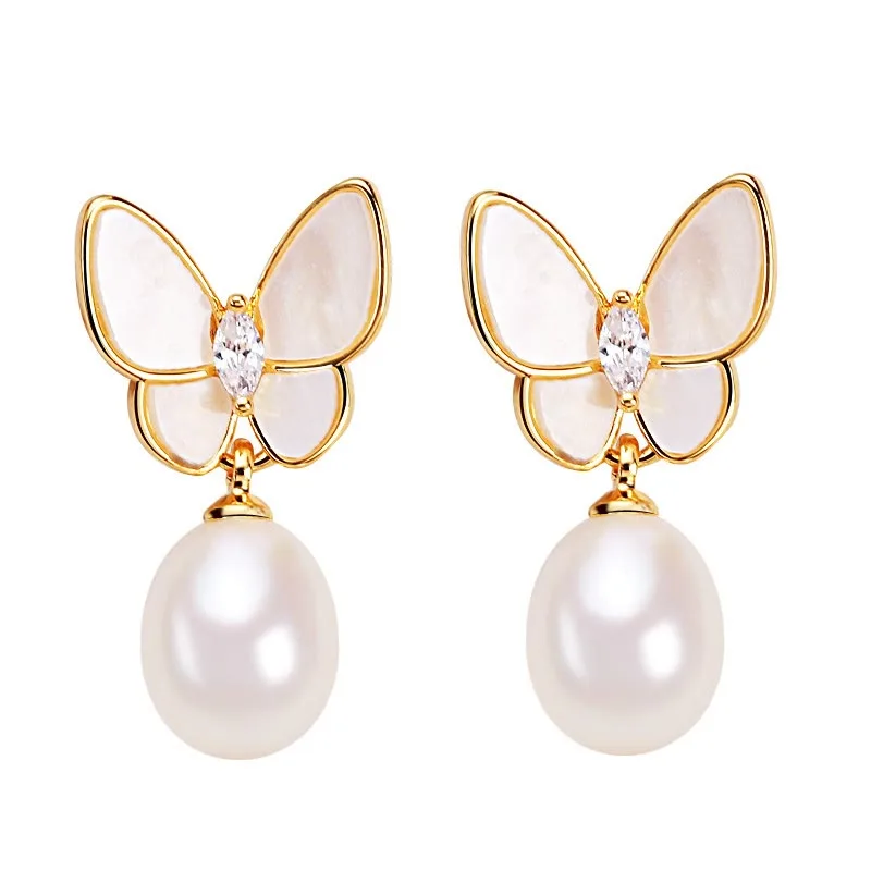 Mythstone 925 Sterling Silver Posts 18K Gold Plated Copper Pearl Butterfly Optimism Stud Earrings - Image 9