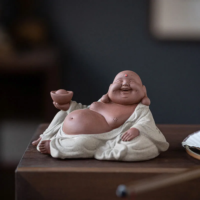 Mythstone Laughing Buddha Ingots Attract Wealth Purple Clay Maitreya Statue Decoration - Image 16