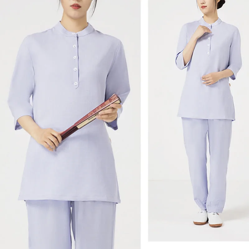 Mythstone 2Pcs Solid Color Three Quarter Shirt Top Pants Meditation Zen Tai Chi Cotton Linen Clothing Women's Set - Image 2
