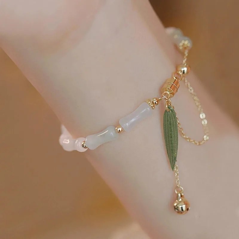 Mythstone 14K Gold Plated Hetian White Jade Bamboo Leaf Luck Protection Bracelet - Image 4
