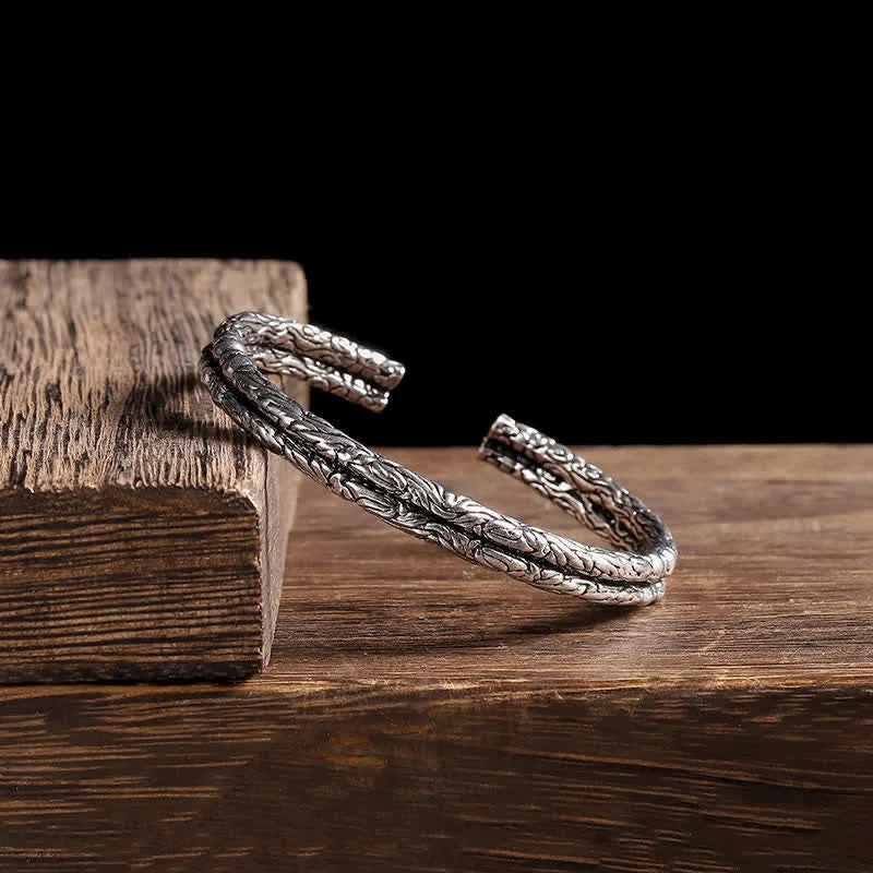 Mythstone Flower Dragon Pattern Engraved Balance Cuff Bracelet Bangle