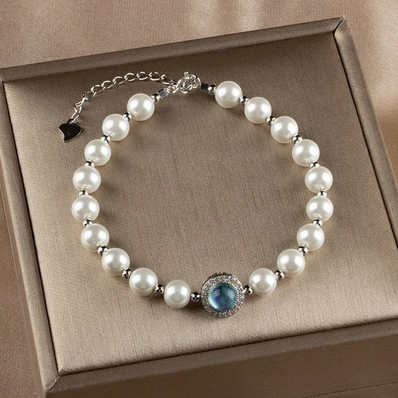 Mythstone 925 Sterling Silver Pearl Blue Chalcedony Healing Chain Bracelet Ring - Image 3