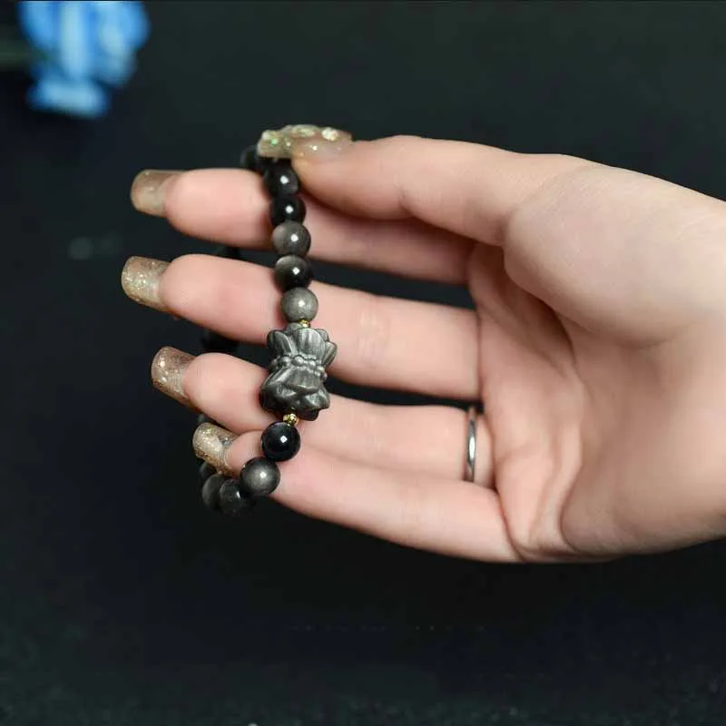 Mythstone Silver Sheen Obsidian Lotus Flower Nine Tailed Fox Laughing Buddha Protection Bracelet - Image 4