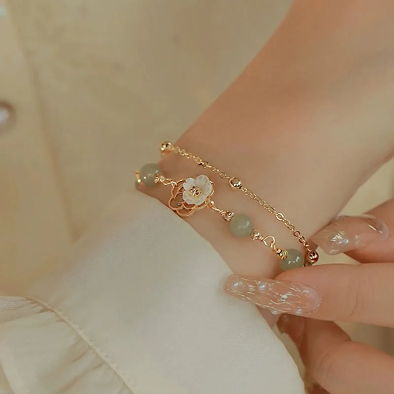 MythStone 14K Gold Plated Jade Butterfly Tridacna Stone Flower Double Layer Luck Bracelet - Image 15