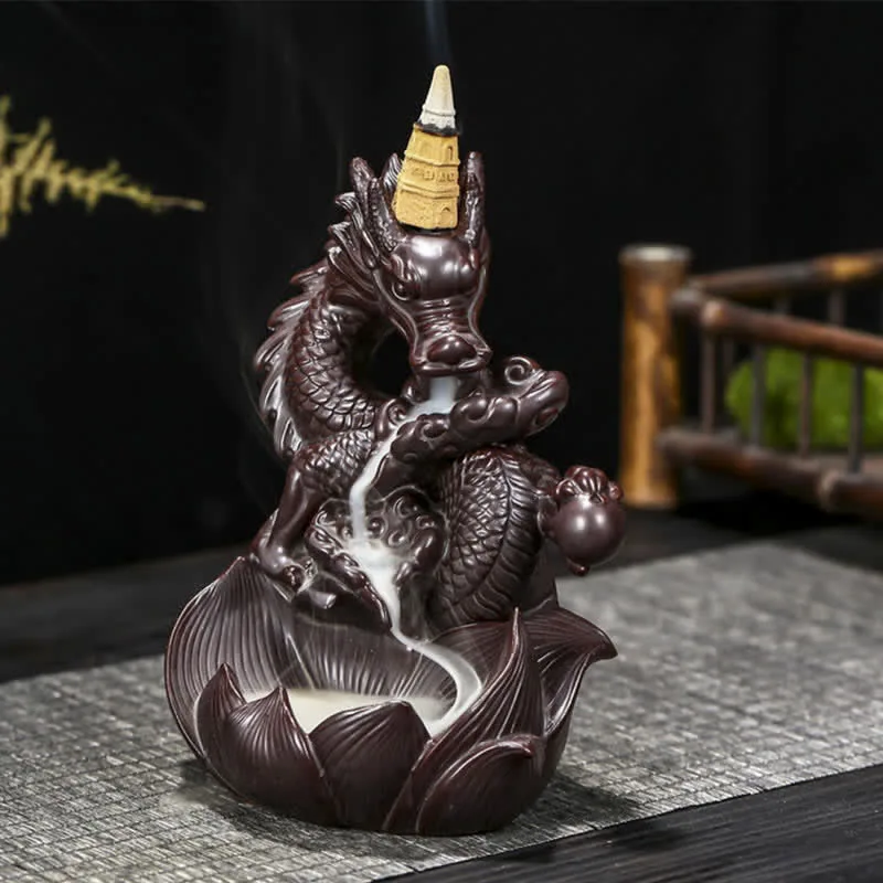 Mythstone Dragon Lotus Pattern Strength Protection Ceramic Incense Burner Decoration - Image 3