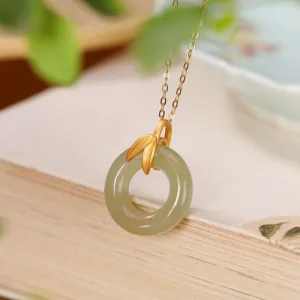 Mythstone 925 Sterling Silver Cyan Jade Peace Buckle Bamboo Leaf Harmony Necklace Pendant