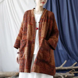 Mythstone Orange Flower Geometry Print Cotton Open Front Jacket With Pockets