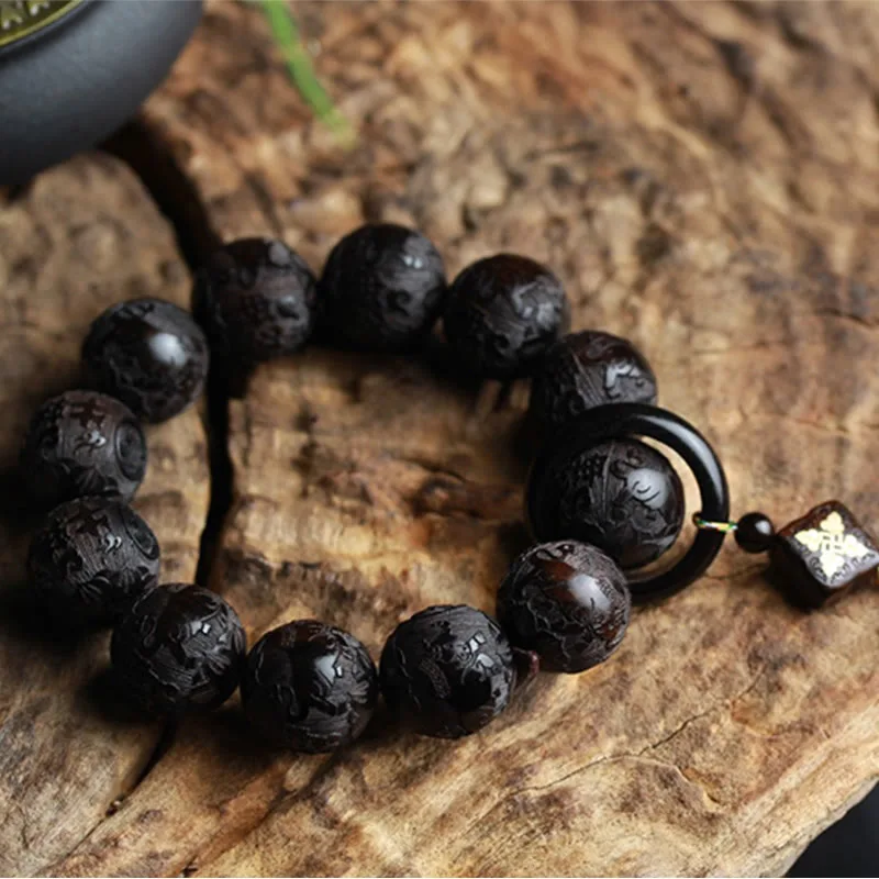 Mythstone Ebony Wood Chinese Character Yin Yang Engraved Gourd Balance Bracelet - Image 9
