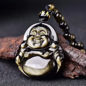 Mythstone Laughing Buddha Gold Sheen Obsidian Wealth Necklace Pendant