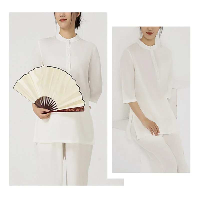 Mythstone 2Pcs Buttons Three Quarter Sleeve Shirt Top Pants Meditation Zen Tai Chi Cotton Linen Clothing Women's Set - Image 4