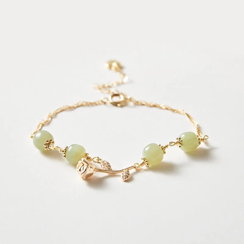 Mythstone 14K Gold Plated Hetian Jade Golden Rose Flower Luck Chain Bracelet - Image 2