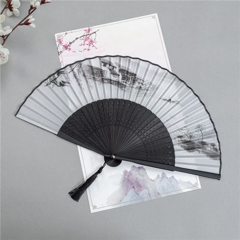 Mythstone Mountains Plum Blossom Lotus Magpie Bamboo Leaves Handheld Silk Bamboo Folding Fan 22.5cm - Image 9