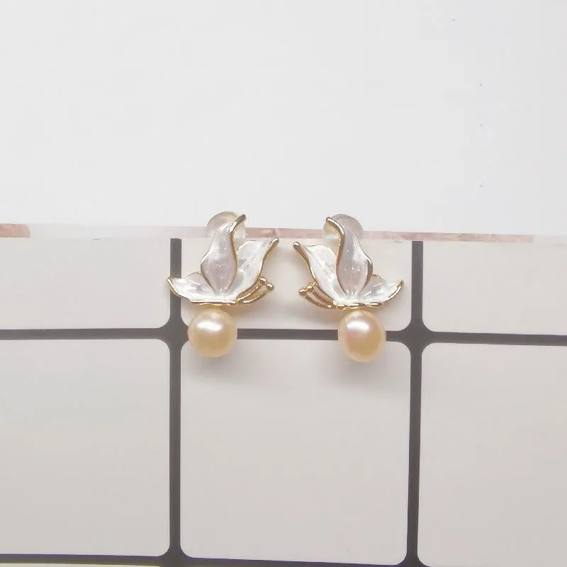 Mythstone 925 Sterling Silver Posts Copper Plated Gold Natural Pearl Bead Butterfly Wisdom Stud Earrings - Image 9