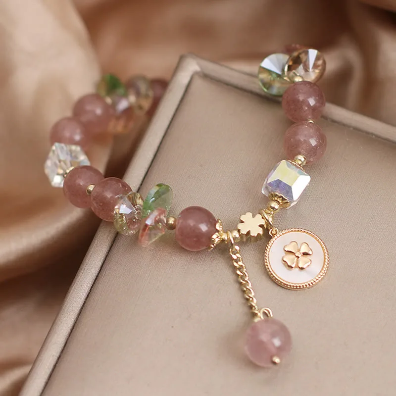 Mythstone Strawberry Quartz Lucky Four Leaf Clover Healing Charm Bracelet - Image 5