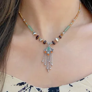 Mythstone Tibetan Crystal Stone Copper Luck Tassel Necklace Pendant