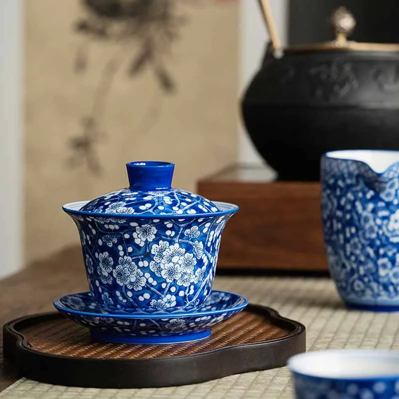 Mythstone Plum Blossom Blue And White Porcelain Ceramic Gaiwan Sancai Teacup Kung Fu Tea Cup And Saucer With Lid 185ml - Image 13