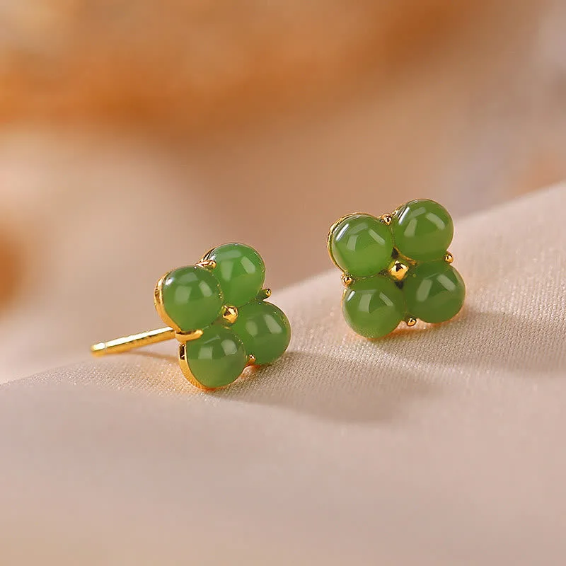 Mythstone 925 Sterling Silver Plated Gold Natural Cyan Jade Four Leaf Clover Luck Stud Earrings - Image 2