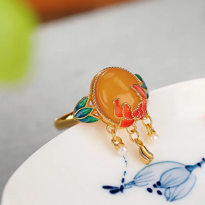 Mythstone 925 Sterling Silver Plated Gold Natural Amber Flower Pearl Confidence Ring Earrings Set - Image 2