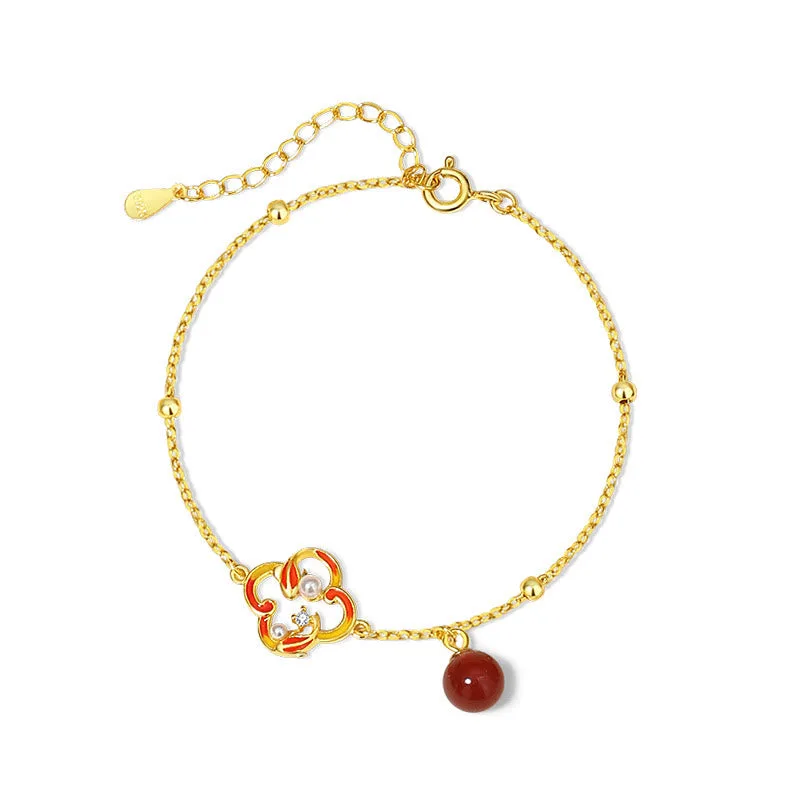 Mythstone - 925 Sterling Silver Four Leaf Clover Koi Fish Red Agate Pearl Wealth Bracelet Necklace Pendant Earrings Set - Image 9