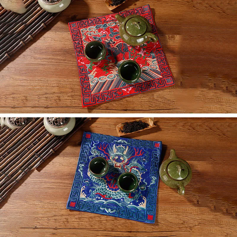 Mythstone Crane Phoenix Dragon Kirin Embroidered Cup Mat Pad Tea Cup Coaster Square Kung Fu Tea Mat - Image 20