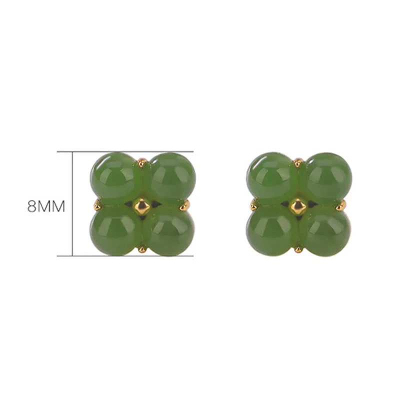 Mythstone 925 Sterling Silver Plated Gold Natural Cyan Jade Four Leaf Clover Luck Stud Earrings - Image 8