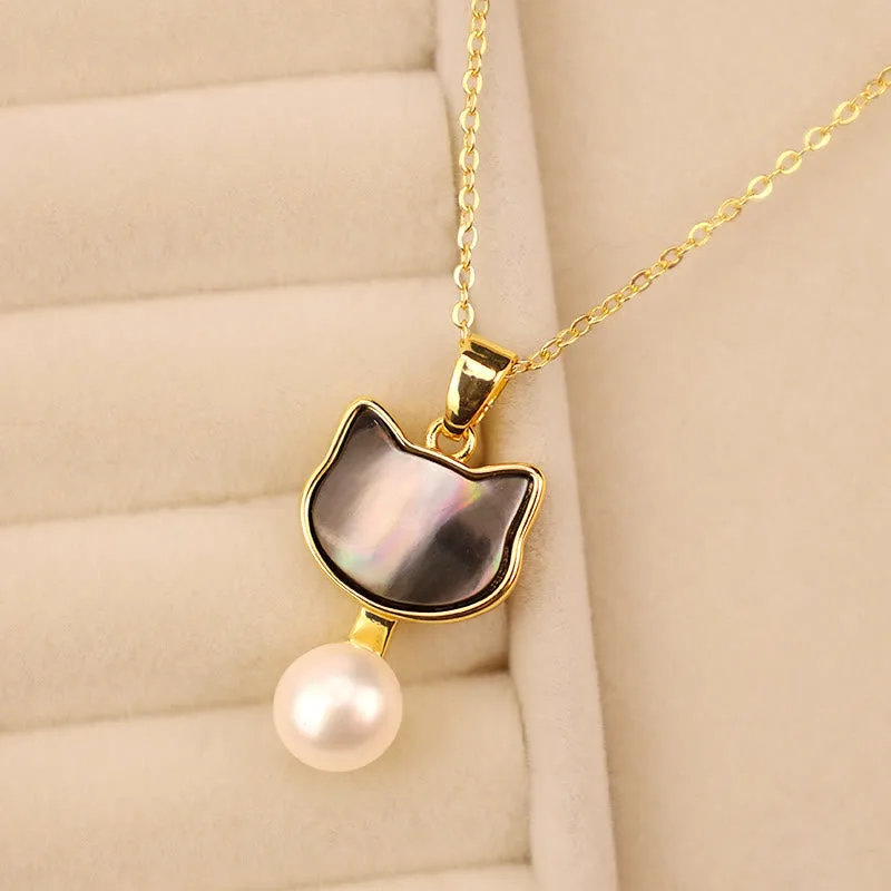 Mythstone 925 Sterling Silver Posts Cute Cat Tridacna Stone Pearl Ring Earrings Necklace Jewelry Set - Image 4