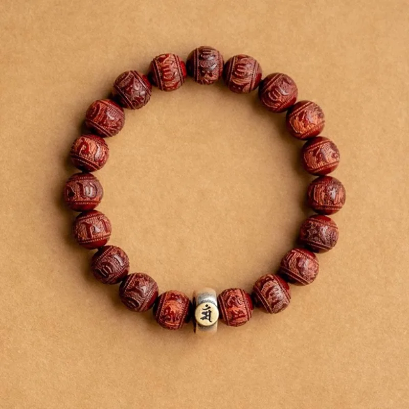 Mythstone Chinese Zodiac Natal Buddha Small Leaf Red Sandalwood Om Mani Padme Hum Protection Bracelet - Image 3