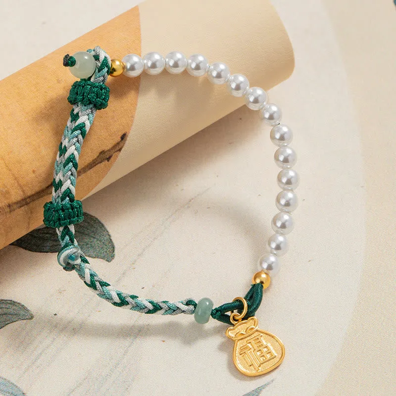 Mythstone 925 Sterling Silver Fu Character Lucky Bag Pearl Hetian Jade Wisdom Rope Bracelet - Image 2