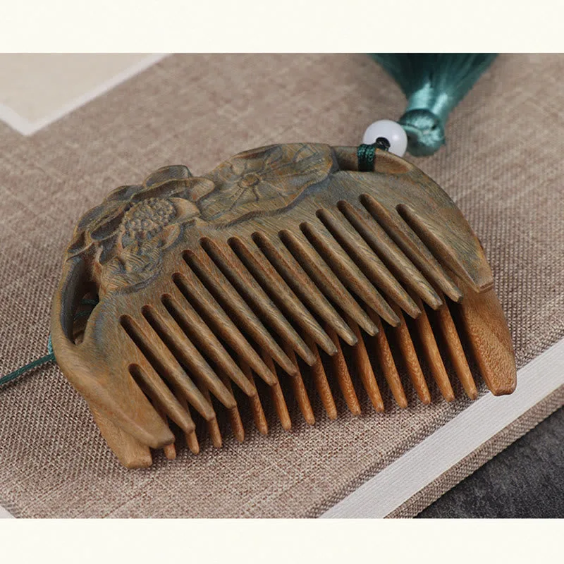Mythstone Green Sandalwood Fox Peony Flower Lotus Engraved Cure Tassel Comb - Image 14