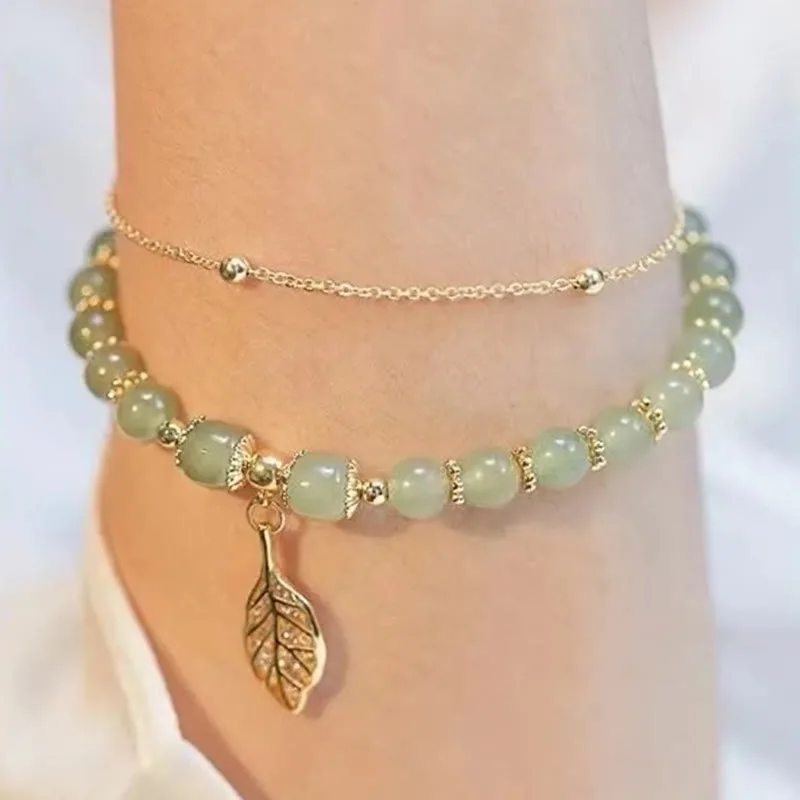 Mythstone Jade Leaf Ginkgo Tulip Peanut Fu Character Luck Beaded Bracelet - Image 8