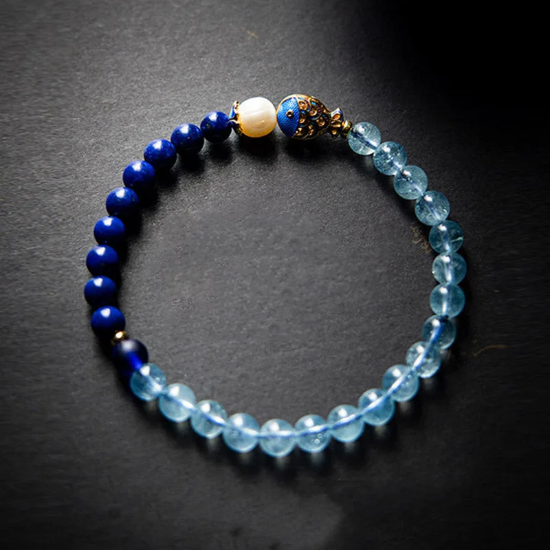 Mythstone Natural Aquamarine Lazurite Fish Healing Bracelet - Image 6