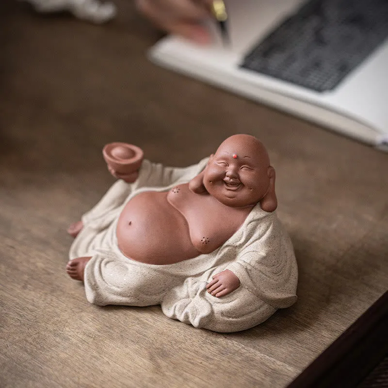 Mythstone Laughing Buddha Ingots Attract Wealth Purple Clay Maitreya Statue Decoration - Image 7