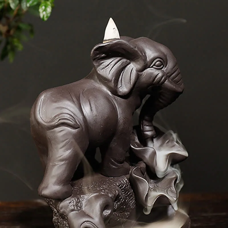 Mythstone Tibetan Elephant Purple Clay Backflow Smoke Fountain Peace Healing Incense Burner Decoration - Image 5