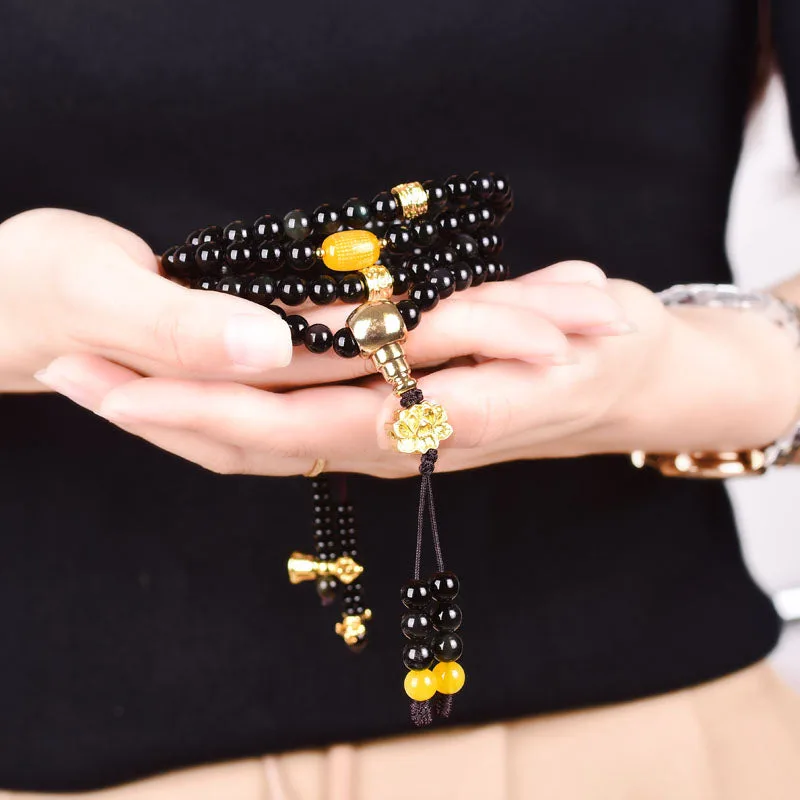 Mythstone 108 Beads Natural Black Obsidian Lotus Mala Bracelet for Fulfillment - Image 4