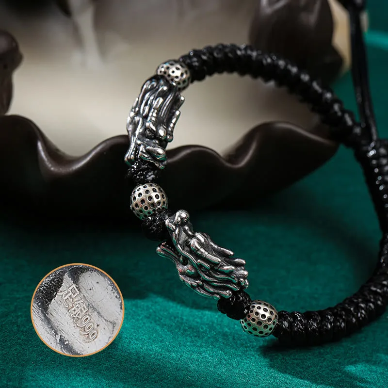 Mythstone 999 Sterling Silver Double Dragon Luck Handmade Braided Bracelet - Image 7