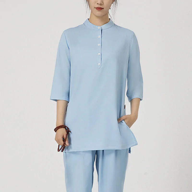 Mythstone 2Pcs Solid Color Three Quarter Shirt Top Pants Meditation Zen Tai Chi Cotton Linen Clothing Women's Set - Image 15